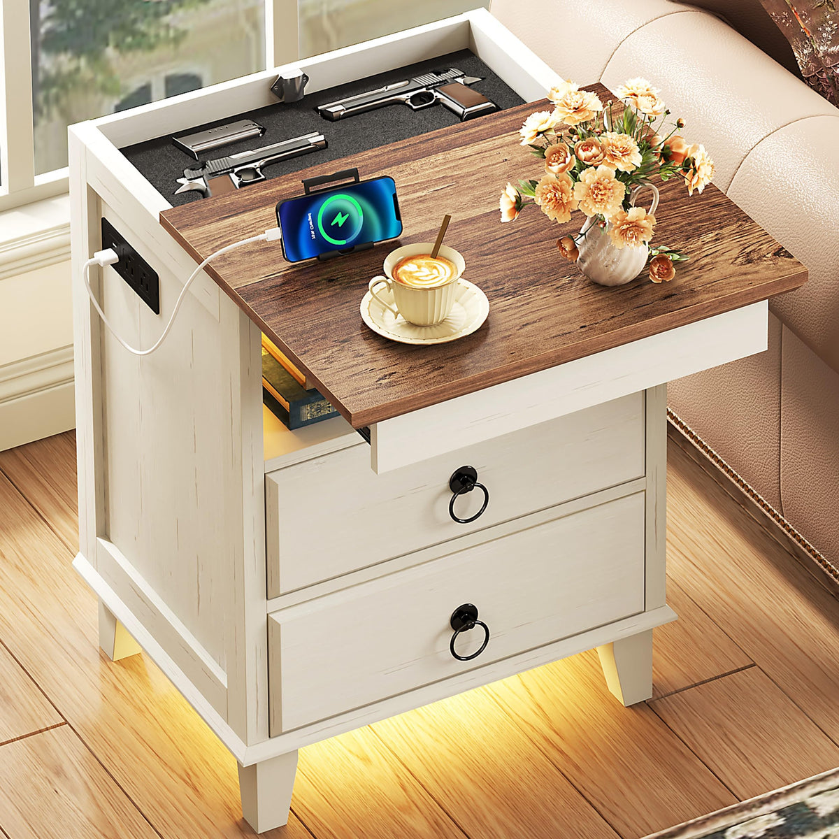 Yusong LED Night Stand with Gun Drawer, Bedside Table with Charging Station, Sofa Couch End Side Table with with 2 Drawers &Open Shelf for Bedroom, Brown