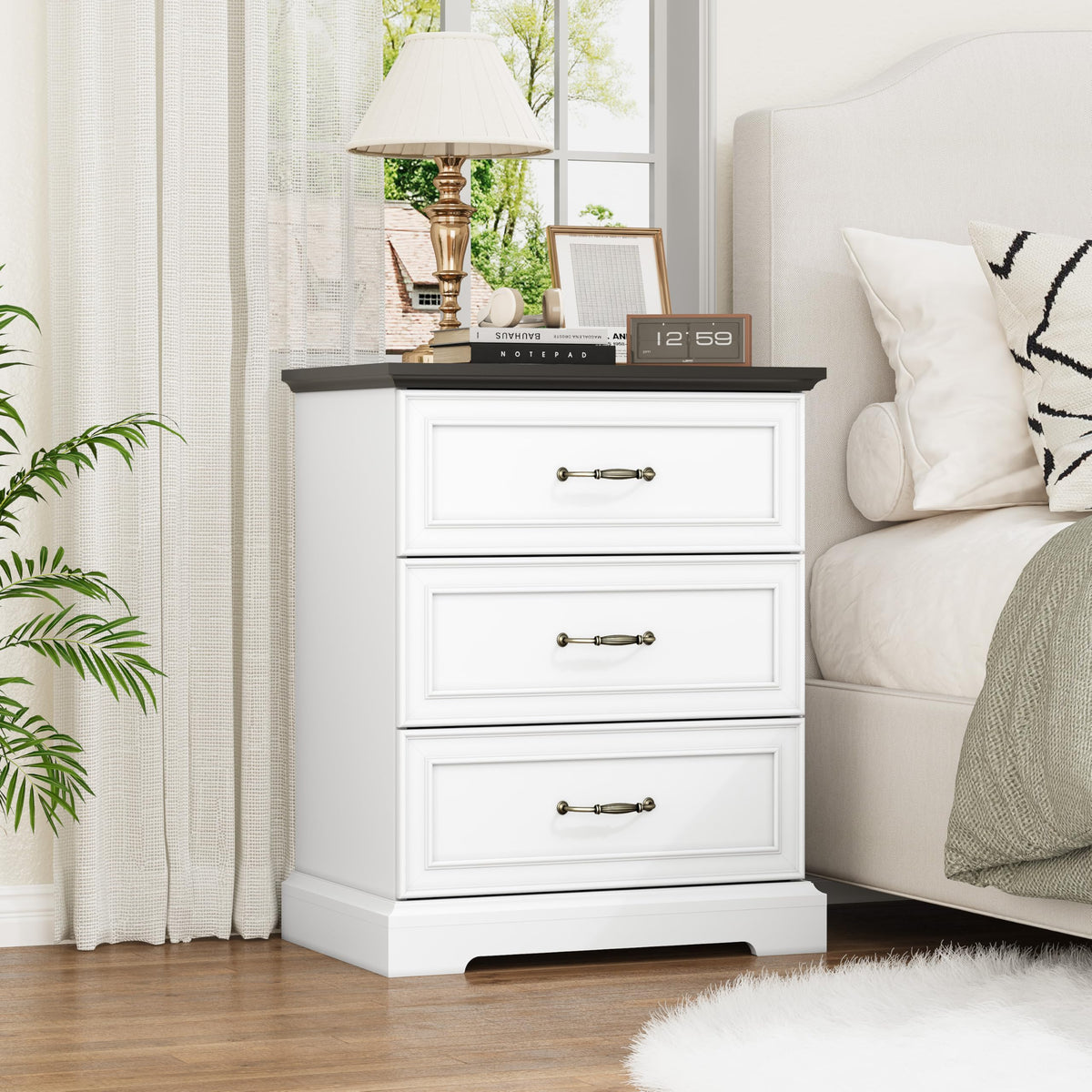 Black Nightstand Set of 2,24" Wide End Table with 3 Large Drawers & Metal Handles,Rustic Farmhouse Wood Small Dresser,Bedside Table,Modern Chest of Drawers for Bedroom,Living Room