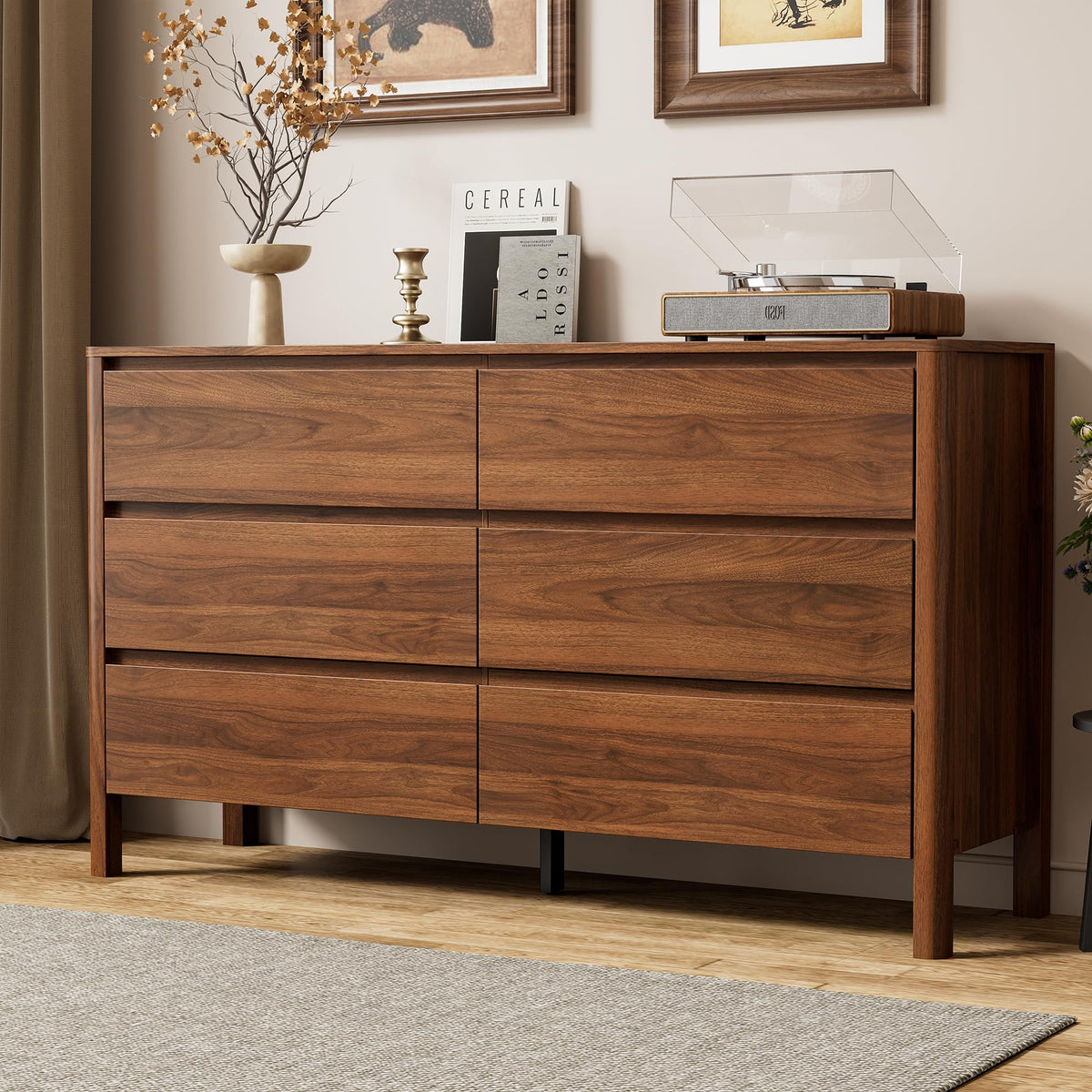 Furniway 63" Wide 9 Drawer Wood Dresser for Bedroom with Legs, Walnut