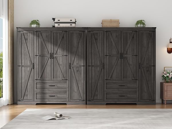 St.Mandyu Farmhouse Wardrobe Armoire Closet with 4 Doors and 2 Drawers, 70.1" Wooden Clothing Storage Cabinet, Freestanding Large Capacity Storage Wardrobe Armoire with Hanging Rod for Bedroom, Grey