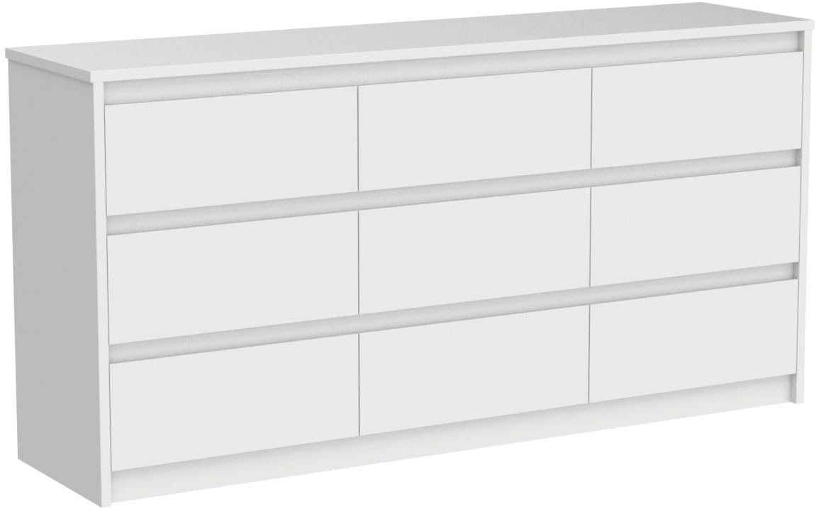 9 Drawer Dresser for Bedroom with Deep Drawers, Large Floor Wood Dressers & Chest of Drawers Handle Free, Modern White Long Dressers for Closet Living Room, Euro Slide (63"W x 15.7"D x 31.5"H)