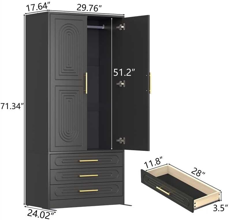 4 Doors Armoire Wardrobe Closet with Drawer & Doors, 71 inch Tall Wardrobe