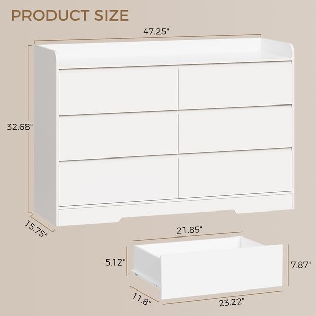 White Dresser for Bedroom, 6 Drawer Dresser Chest of Drawers