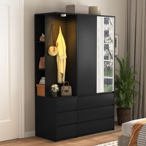 White Wardrobe Closet with Mirror and LED Light, Armoire Wardrobe with 6 Drawers, Hanging Rod, Open Shelves, Freestanding Bedroom Storage Cabinet