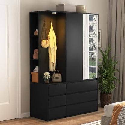 White Wardrobe Closet with Mirror and LED Light, Armoire Wardrobe with 6 Drawers, Hanging Rod, Open Shelves, Freestanding Bedroom Storage Cabinet