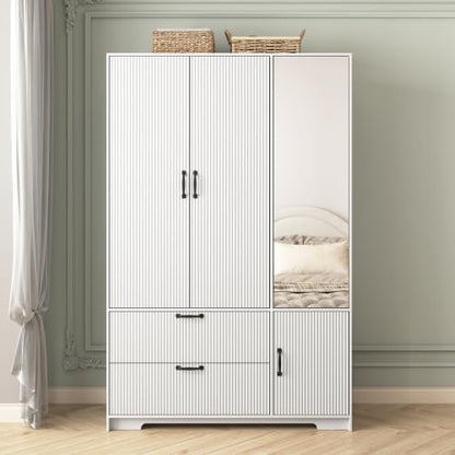 White Wardrobe Closet with Mirror and LED Light, Armoire Wardrobe with 6 Drawers, Hanging Rod, Open Shelves, Freestanding Bedroom Storage Cabinet