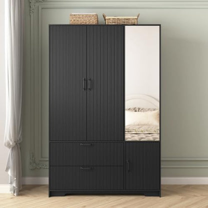 White Wardrobe Closet with Mirror and LED Light, Armoire Wardrobe with 6 Drawers, Hanging Rod, Open Shelves, Freestanding Bedroom Storage Cabinet