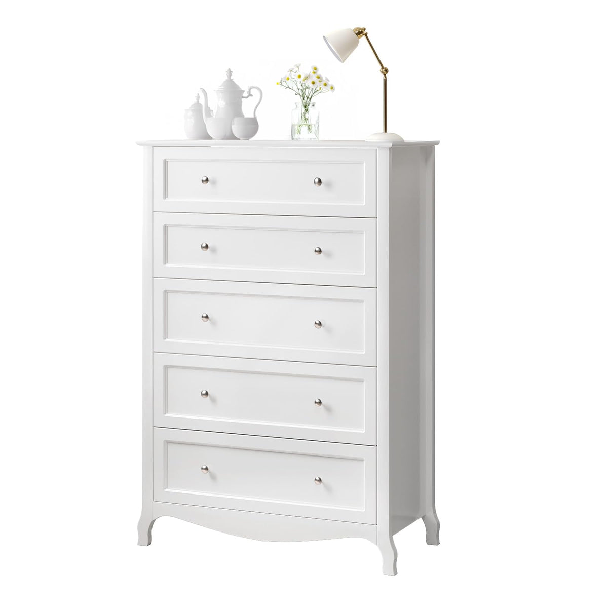 VINGLI Fluted Tall Dresser 5 Drawer, 23.66" W Chest of Drawers, Walnut Wood Dresser for Bedroom Mid Century Modern with Rounded Edge, 23.66" W*15.59" D*44.88" H