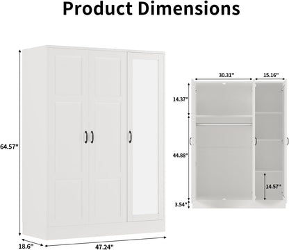 65" Tall Armoire Wardrobe Closet with Full Length Acrylic Mirror & Adjustable Shelves, 3-Door Closet Wardrobe Cabinet with Hanging Rod, Wooden Storage Cabinet for Bedroom, White