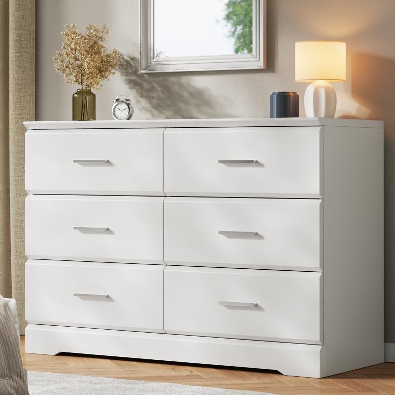 Jocoevol Brown 6 Drawer Dresser for Bedroom, Chest of Drawers with Silver Handle, Wood Storage Dresser with Deep Drawers for Bedroom, Living Room, Hallway Entryway (52.76 * 21.26 * 7.87 in)