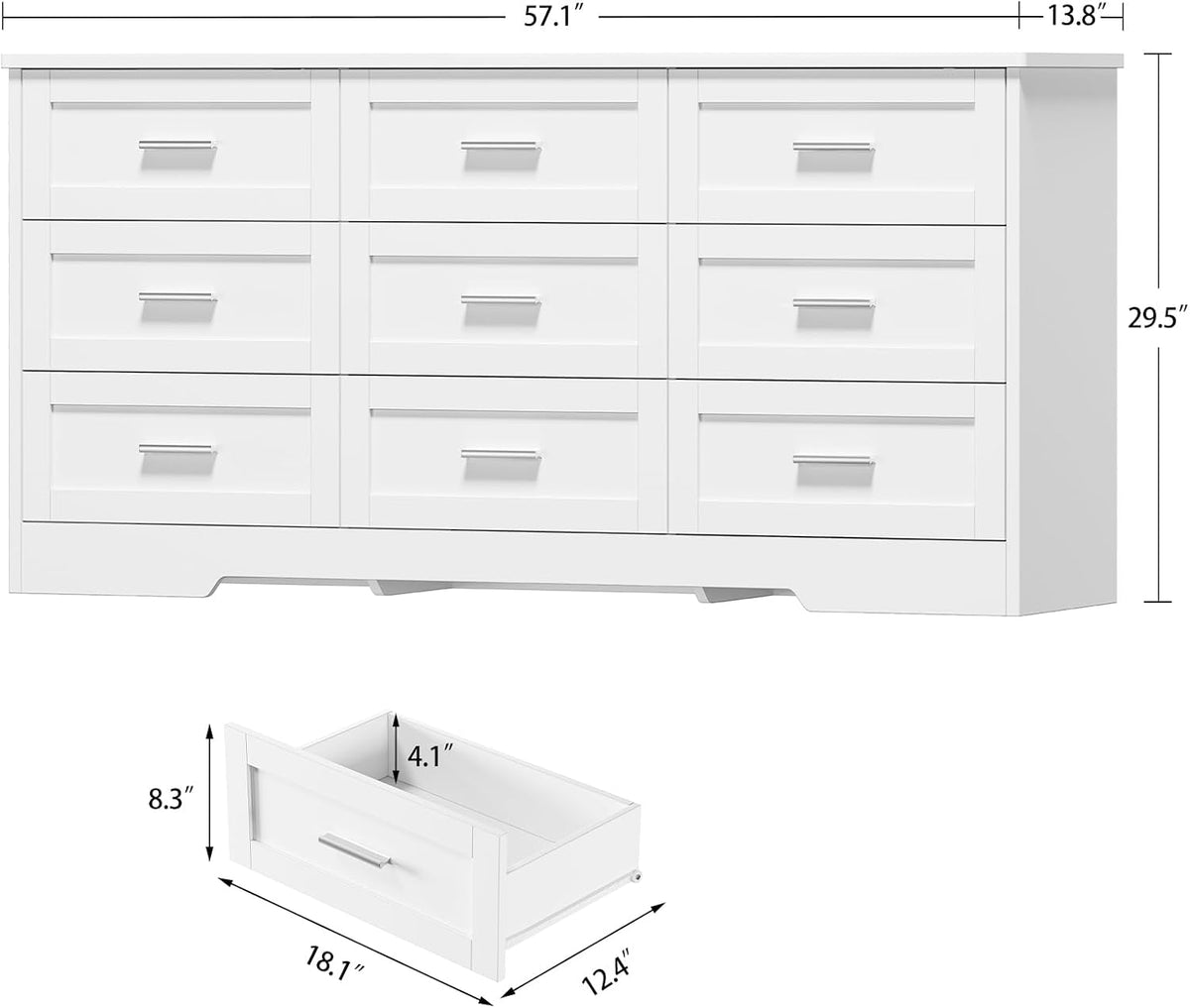 TEENFON 57.1"W White Dresser for Bedroom, Modern 9 Drawer Dresser with Metal Handles, Wood Dressers & Chest of Drawers, Wooden Closet Clothes Storage Organizer for Bedroom, Living Room, Hallway, White