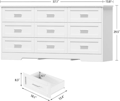 TEENFON 57.1"W White Dresser for Bedroom, Modern 9 Drawer Dresser with Metal Handles, Wood Dressers & Chest of Drawers, Wooden Closet Clothes Storage Organizer for Bedroom, Living Room, Hallway, White