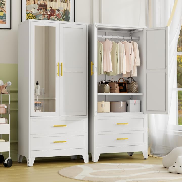 Metal Armoire Wardrobe Closet Storage Cabinet with Mirror White, 71'' Wardrobe Cabinet with Hanging Rod Metal Closet with Adjustable Shelf and Drawer for Bedroom, Laundry Room, Cloak Room