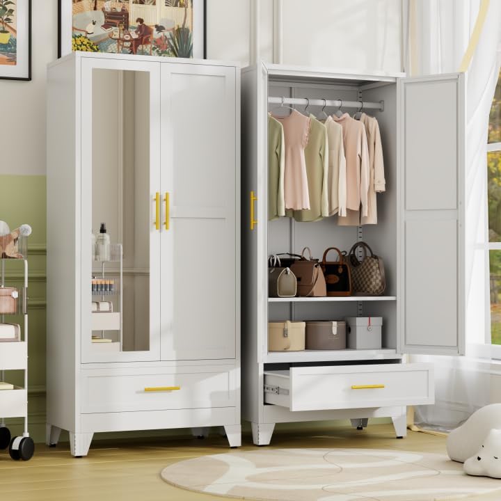 Metal Armoire Wardrobe Closet Storage Cabinet with Mirror White, 71'' Wardrobe Cabinet with Hanging Rod Metal Closet with Adjustable Shelf and Drawer for Bedroom, Laundry Room, Cloak Room