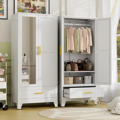 Metal Armoire Wardrobe Closet Storage Cabinet with Mirror White, 71'' Wardrobe Cabinet with Hanging Rod Metal Closet with Adjustable Shelf and Drawer for Bedroom, Laundry Room, Cloak Room