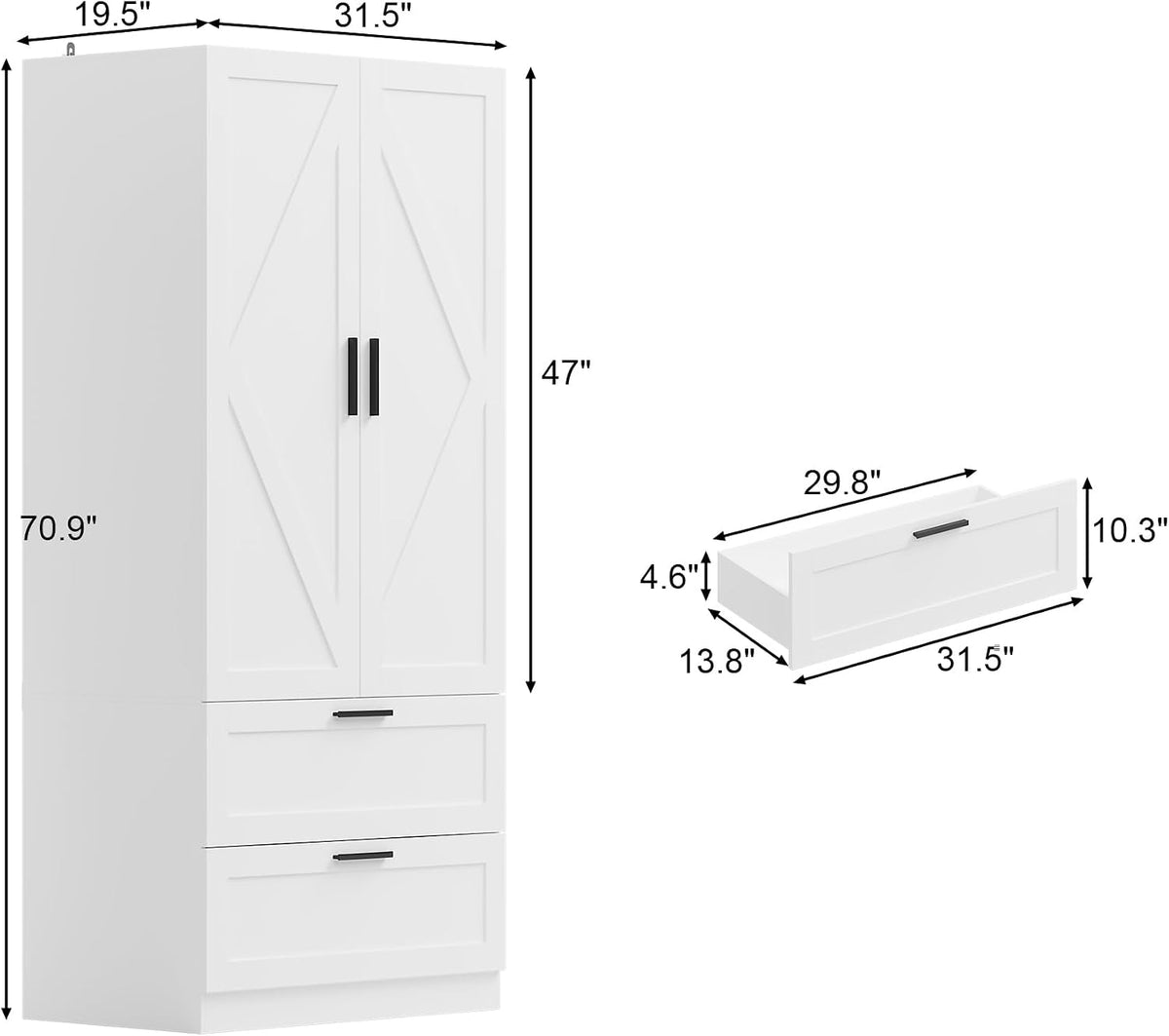 70.9Inch Almirah for Clothes,2-Door Wardrobe Closet with 2 Drawers