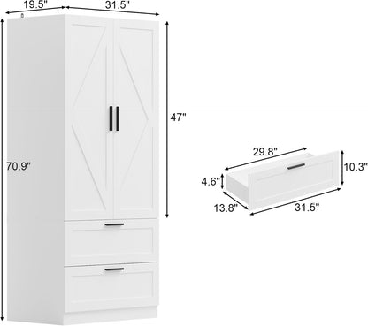 70.9Inch Almirah for Clothes,2-Door Wardrobe Closet with 2 Drawers