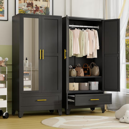 Metal Armoire Wardrobe Closet Storage Cabinet with Mirror White, 71'' Wardrobe Cabinet with Hanging Rod Metal Closet with Adjustable Shelf and Drawer for Bedroom, Laundry Room, Cloak Room