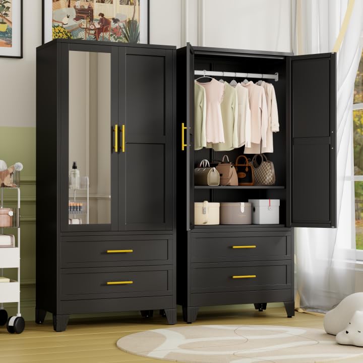 Metal Armoire Wardrobe Closet Storage Cabinet with Mirror White, 71'' Wardrobe Cabinet with Hanging Rod Metal Closet with Adjustable Shelf and Drawer for Bedroom, Laundry Room, Cloak Room