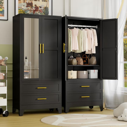 Metal Armoire Wardrobe Closet Storage Cabinet with Mirror White, 71'' Wardrobe Cabinet with Hanging Rod Metal Closet with Adjustable Shelf and Drawer for Bedroom, Laundry Room, Cloak Room