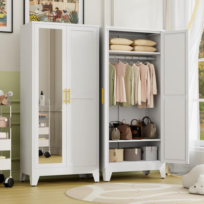 Metal Armoire Wardrobe Closet Storage Cabinet with Mirror White, 71'' Wardrobe Cabinet with Hanging Rod Metal Closet with Adjustable Shelf and Drawer for Bedroom, Laundry Room, Cloak Room