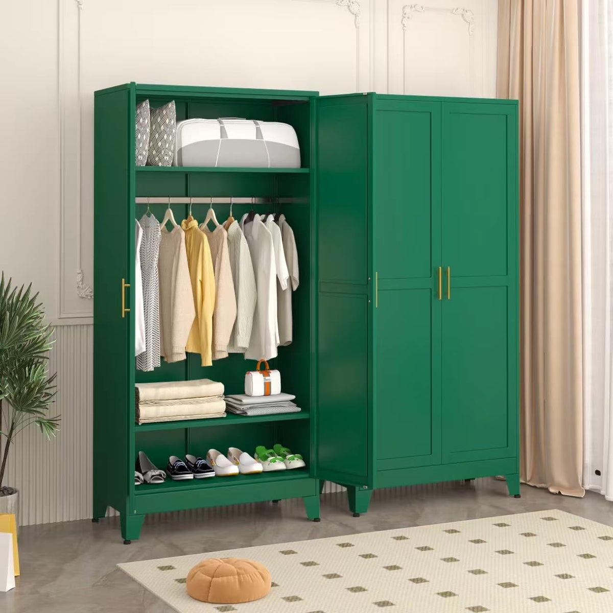 71" Metal Armoire Wardrobe Closet, Tall Clothing Storage Cabinet, Green