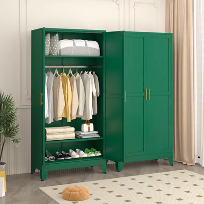 71" Metal Armoire Wardrobe Closet, Tall Clothing Storage Cabinet, Green