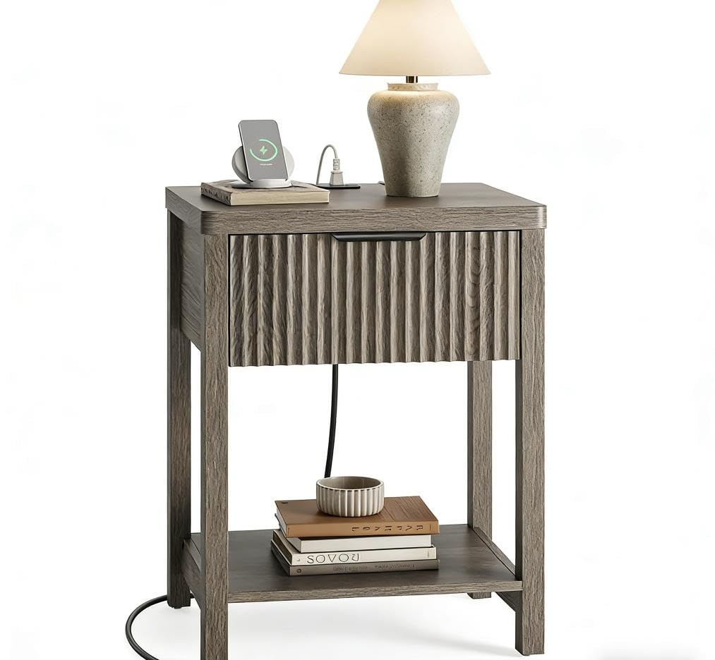 Night Stand Set 2, Fluted Wood Nightstands w/Charging Station for Bedroom