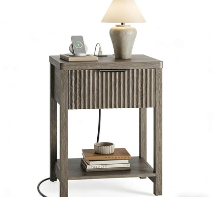 Night Stand Set 2, Fluted Wood Nightstands w/Charging Station for Bedroom