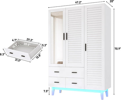 Hlivelood 3 Door Armoire Wardrobe Closet Cabinet with Drawers and LED Lights, Multi-Tier Shelves, Hanging Rod & 3 Louver Doors, Large Capacity Storage Wardrobe Armoire for Bedroom, White