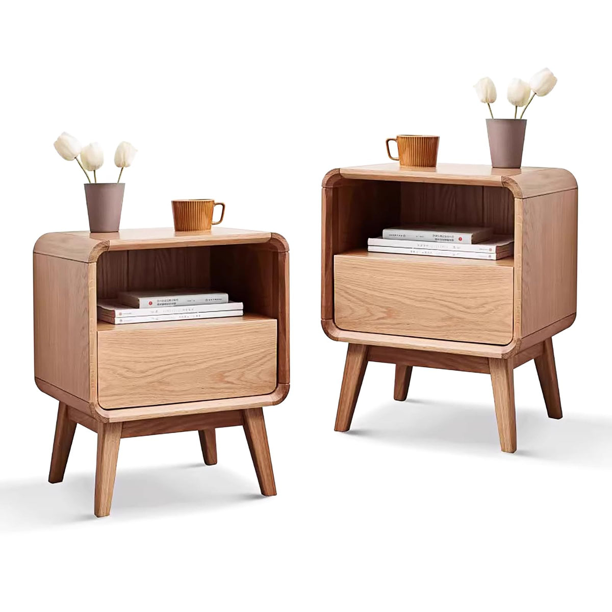 Solid Wood Nightstand Set of 2, Mid Century Modern Nightstand with Drawers, Natural Wood Nightstand with Storage, Wooden Night Stand, Small Nightstands, Bedside Table for Bedroom(23.23" H)