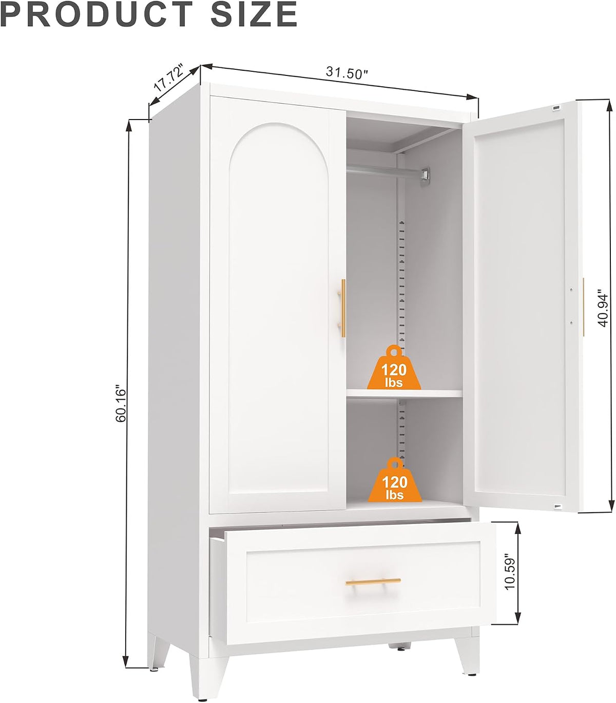 60" Tall Steel Wardrobe Closet with Hanging Rod, 2 Doors,White