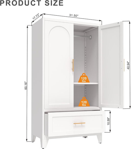 60" Tall Steel Wardrobe Closet with Hanging Rod, 2 Doors,White
