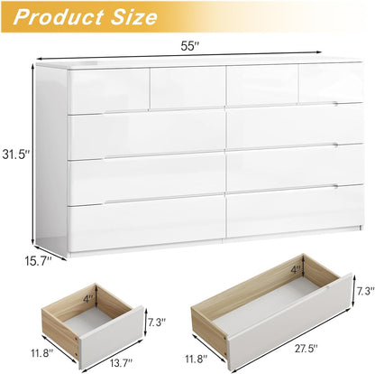 10 Drawer Dresser for Bedroom, 55" Long High Gloss Dresser, White