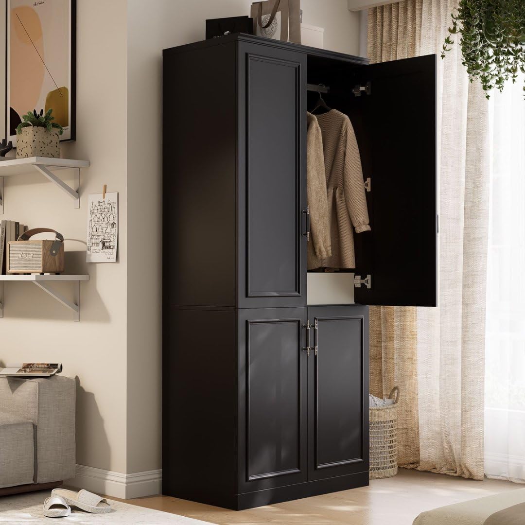 MEISSALIVVE Armoire Wardrobe Closet with 2 Door & 3 Drawers, 74.8" Large Wardrobe Cabinet with Hanging Rod, Freestanding Modern Bedroom Armoire Storage Cabinet, Black