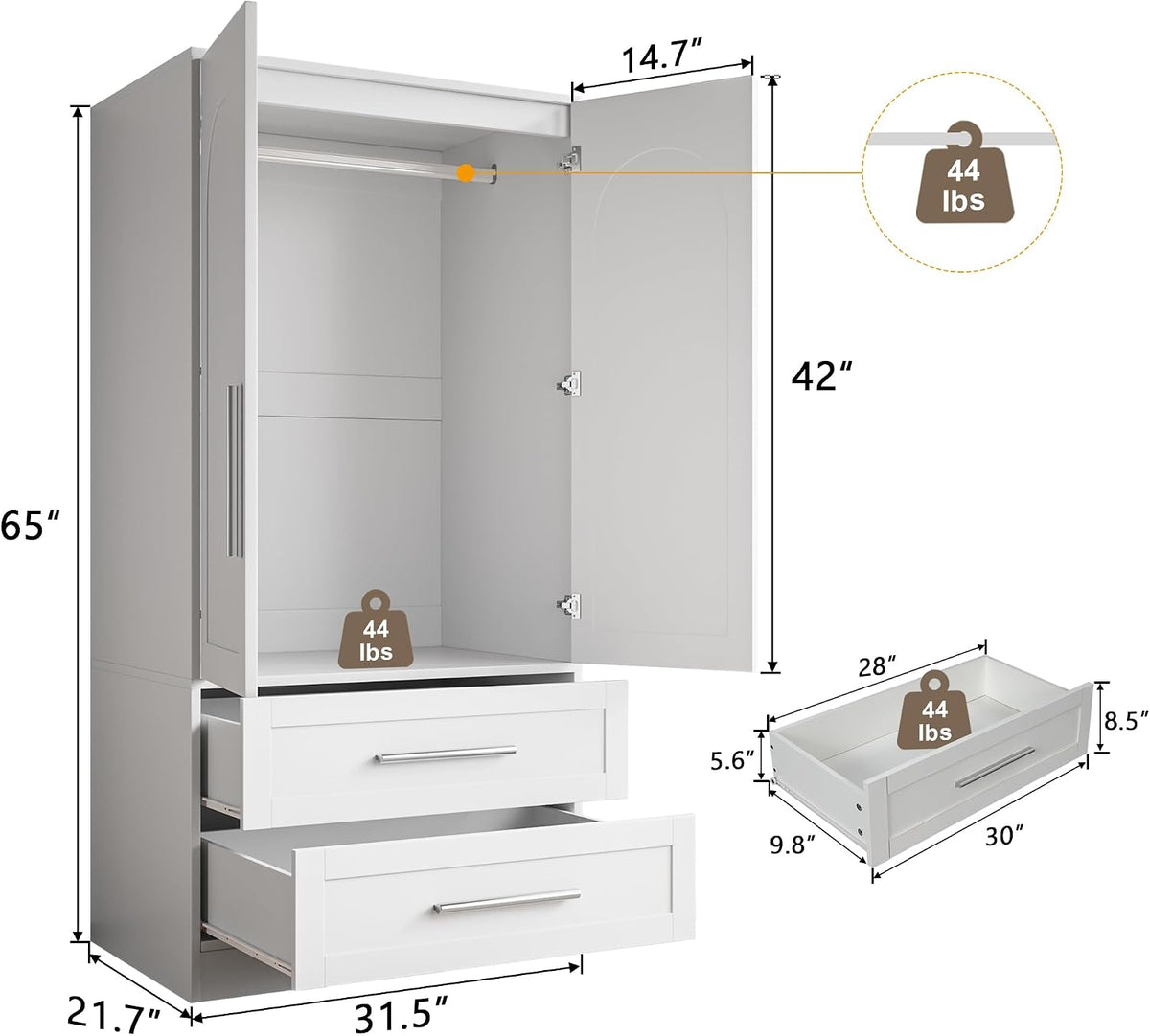 iPormis Armoire Wardrobe Closet with 2 Drawers, Modern Wooden Bedroom Armoire with Doors, Clothing Storage Cabinet with Aluminum Hanging Rod, Wardrobe Storage with Strong Door Closure, White