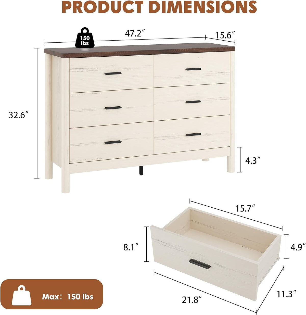 Garvee 6 Drawer Dresser, Wooden Storage Chest of Drawers, White & Brown