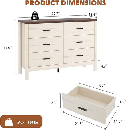 Garvee 6 Drawer Dresser, Wooden Storage Chest of Drawers, White & Brown