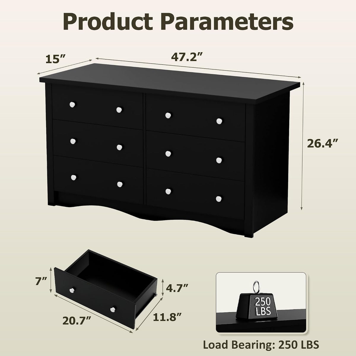 Shahoo Black Dresser for Bedroom with 6 Drawers, 47.2" Wood Dresser