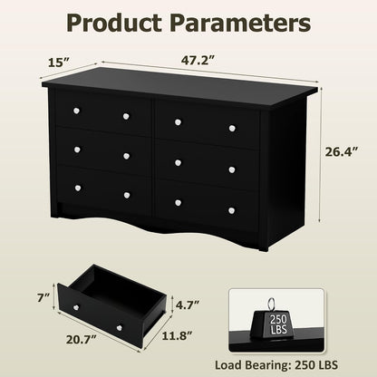 Shahoo Black Dresser for Bedroom with 6 Drawers, 47.2" Wood Dresser
