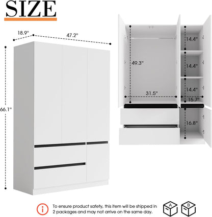 47" Modern 3 Door Wardrobe Closet with 2 Drawers & Hanging Rod, White+Black
