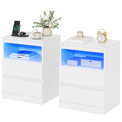 Nightstands Set of 2 with Charging Station, LED Lights and Drawer, Black