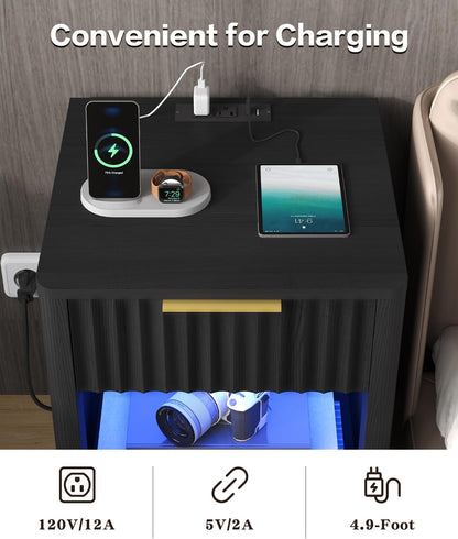 Akxomel Fluted Nightstand Set 2 Bedside Table with Charging Station Black