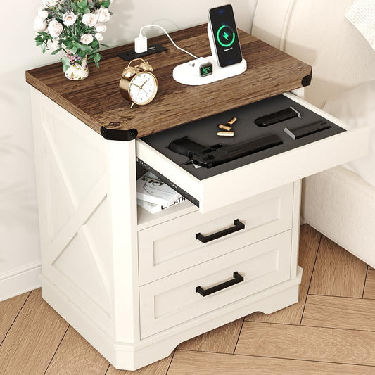 Yusong Farmhouse Night Stand with Gun Drawer & Invisible Lock, Rustic Wooden Night Stand with Charging Station, Beside Table with Drawers and Open Storage, End Tables for Bedroom, (White 004)