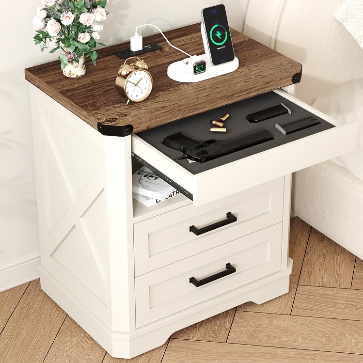 Yusong Farmhouse Night Stand with Gun Drawer & Invisible Lock, Rustic Wooden Night Stand with Charging Station, Beside Table with Drawers and Open Storage, End Tables for Bedroom, (White 004)