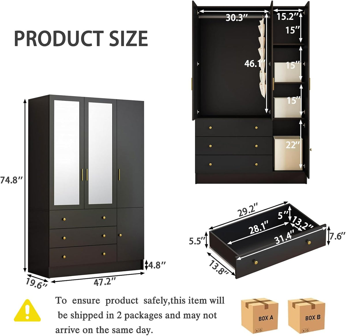 3 Doors Mirrored Wardrobe Armoire Closet with Drawers, LED Armoire Storage Cabinet with Adjustable Shelves & Hanging Rod, 74.8" H Freestanding Clothing Storage Cabinet for Bedroom, Black