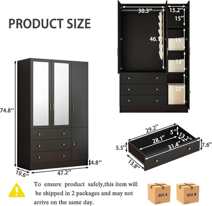 3 Doors Mirrored Wardrobe Armoire Closet with Drawers, LED Armoire Storage Cabinet with Adjustable Shelves & Hanging Rod, 74.8" H Freestanding Clothing Storage Cabinet for Bedroom, Black
