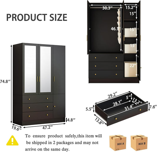3 Doors Mirrored Wardrobe Armoire Closet with Drawers, LED Armoire Storage Cabinet with Adjustable Shelves & Hanging Rod, 74.8" H Freestanding Clothing Storage Cabinet for Bedroom, Black