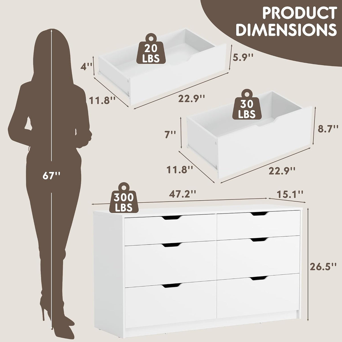 YESHOMY Dresser for Bedroom, 47.2" Modern Wood Chest with 6 Drawers, White
