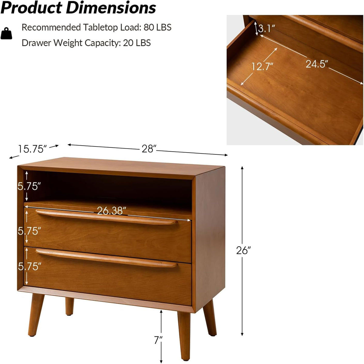 HULALA HOME End Table with Charging Station, 2 Drawers, Set of 2, Acorn